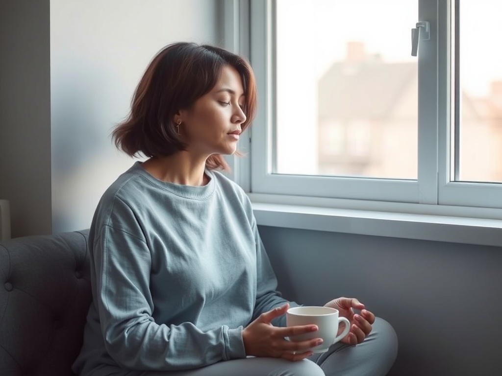 "A serene, softly lit scene featuring a caregiver in gentle gray-blue tones, practicing a brief breathing exercise beside a calm window, warm mug nearby, subtle supportive aura."