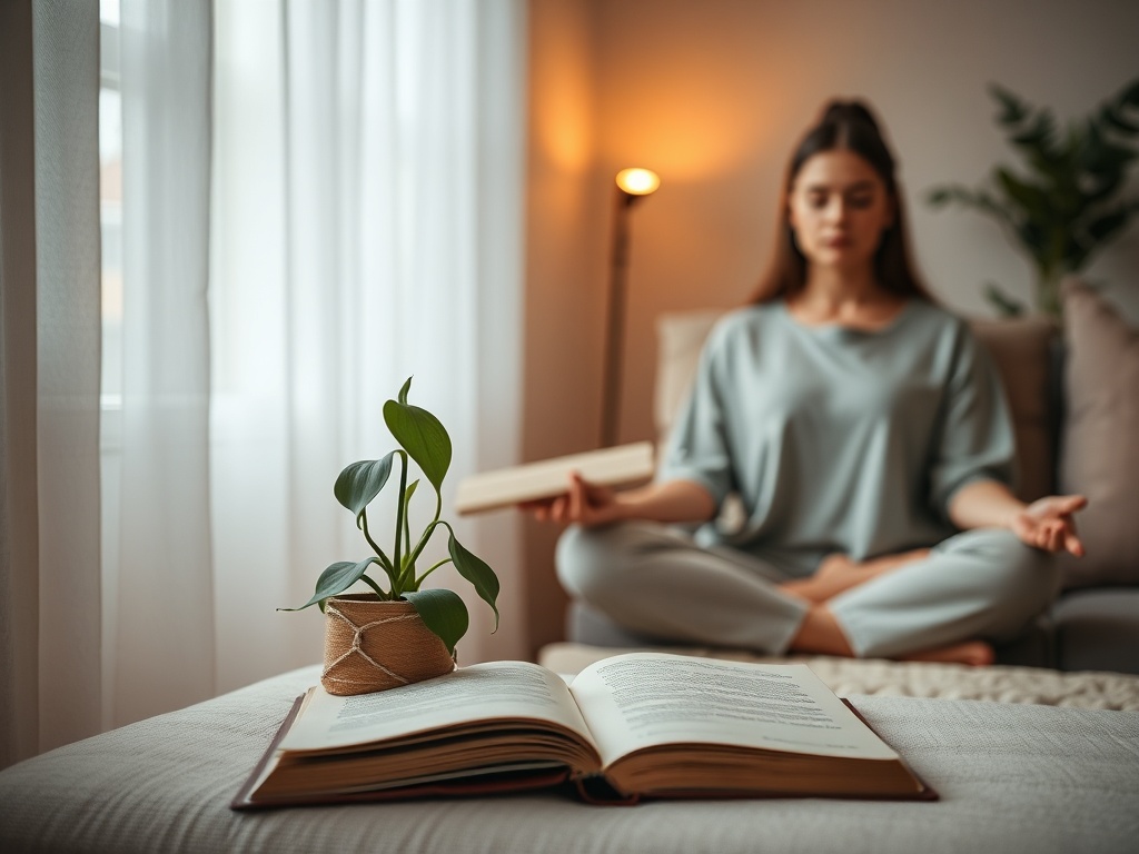 "A serene, intimate living room scene with a softly lit corner, an open journal, a gentle teardrop plant, and a calm caregiver meditating in the background, warm tones, subtle textures, sense of balance."