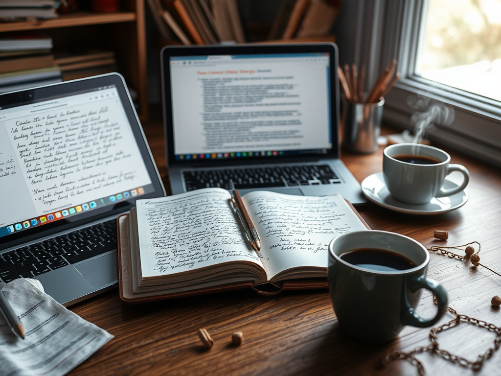 "a cozy workspace" with "open notebook filled with handwritten notes," "laptop displaying a writing app," "cup of coffee steaming," and "soft natural light illuminating creative chaos."