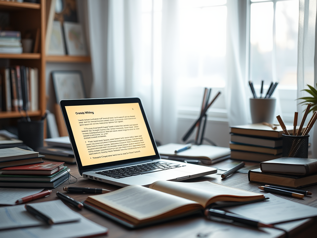 "a cozy home office" with "an open laptop displaying glowing writing" surrounded by "scattered notebooks and pens" and "soft natural light filtering through a window," evoking focus and creativity.