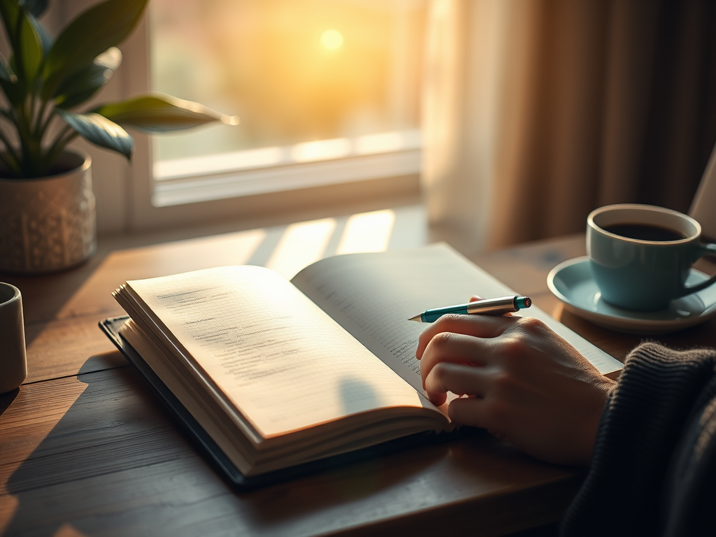 "an open notebook" "a person writing with a pen" "coffee cup nearby" "sunlight streaming through window" "calm, inspiring workspace" "soft focus background"