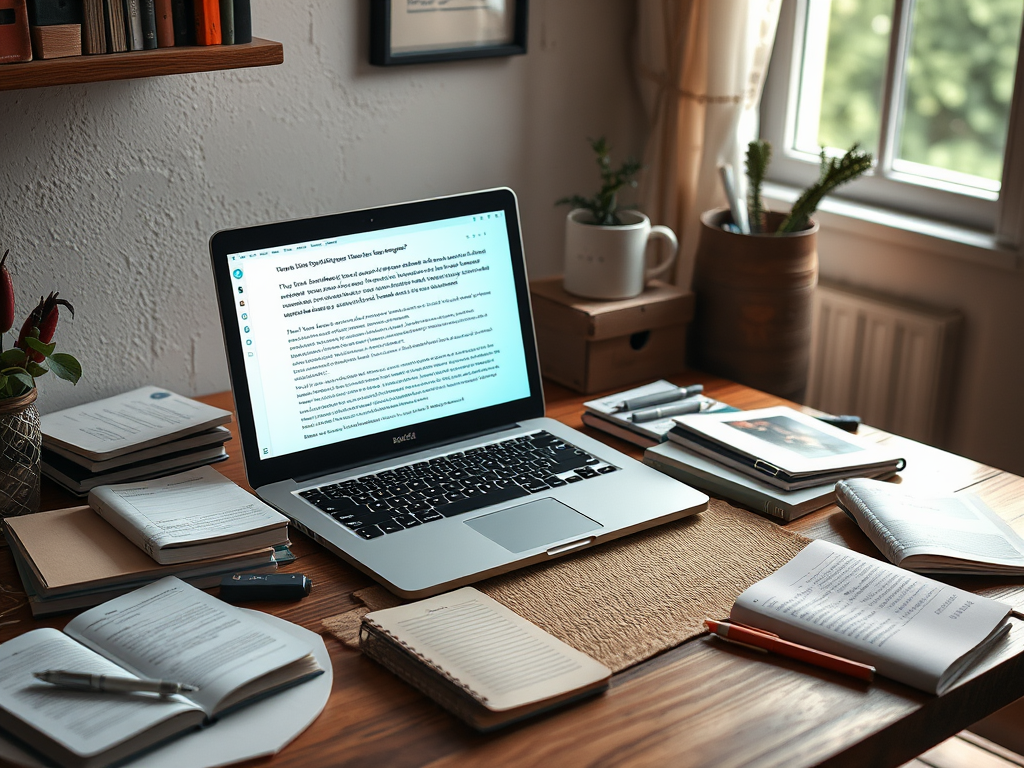 "a cozy home office" with "an open laptop displaying glowing writing" surrounded by "scattered notebooks and pens" and "soft natural light filtering through a window," evoking focus and creativity.