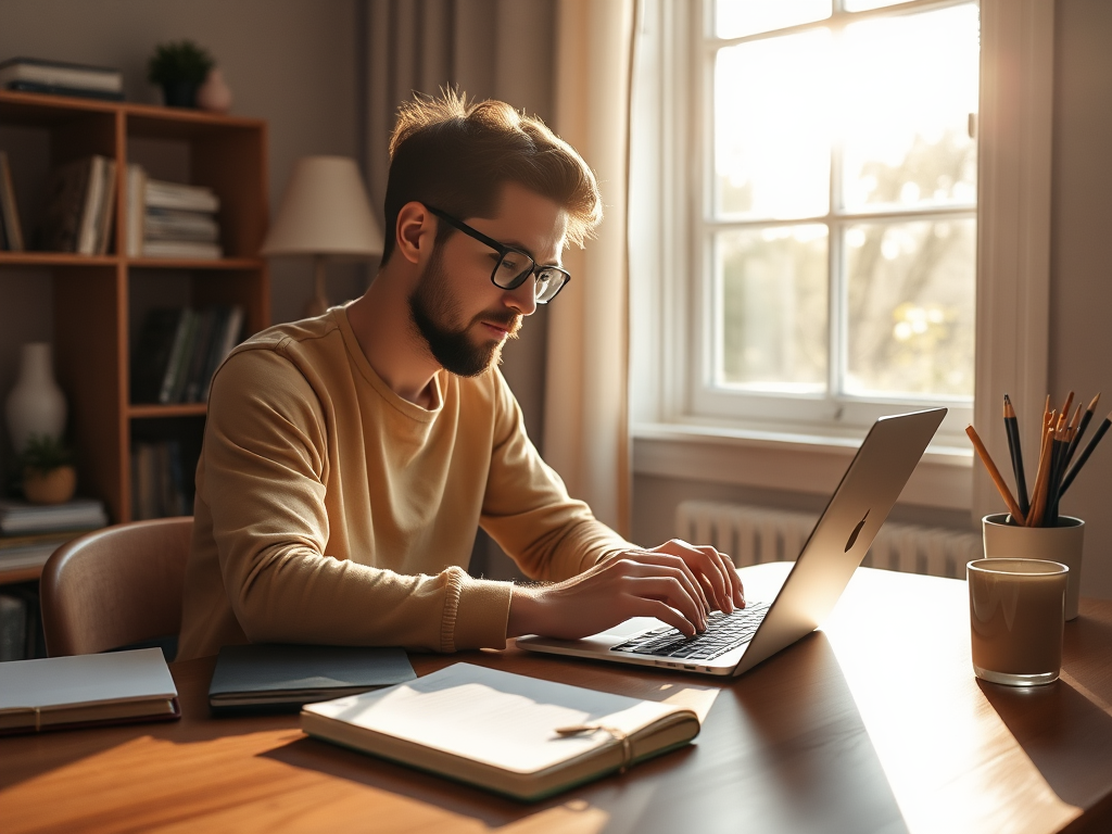 "a focused freelancer" "writing on a laptop" "sunlight streaming through window" "notebooks and coffee cup nearby" "calm, inspiring workspace" "warm, inviting colors"