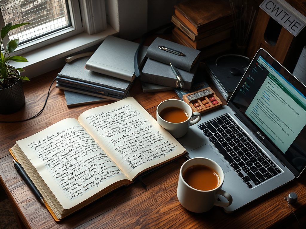 "a cozy workspace" with "open notebook filled with handwritten notes," "laptop displaying a writing app," "cup of coffee steaming," and "soft natural light illuminating creative chaos."