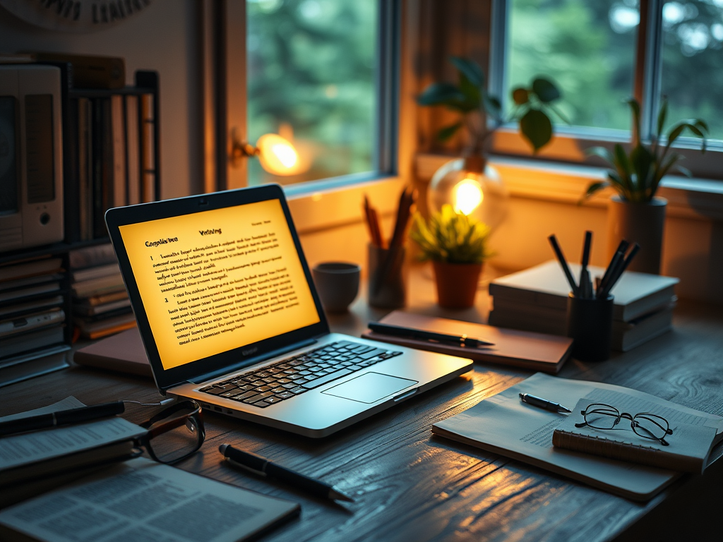 "a cozy home office" with "an open laptop displaying glowing writing" surrounded by "scattered notebooks and pens" and "soft natural light filtering through a window," evoking focus and creativity.