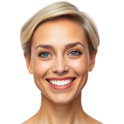 A smiling person with warm eyes, natural makeup, short hair, soft lighting, white background, radiating confidence and openness.
