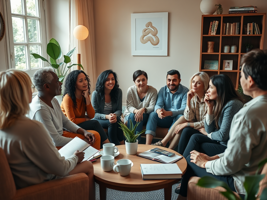 "a diverse group of thoughtful adults sitting in a cozy circle" "warm, inviting room with soft lighting" "notebooks and coffee cups on a low table" "expressions of reflection and connection" "subtle symbols of growth like plants and books"