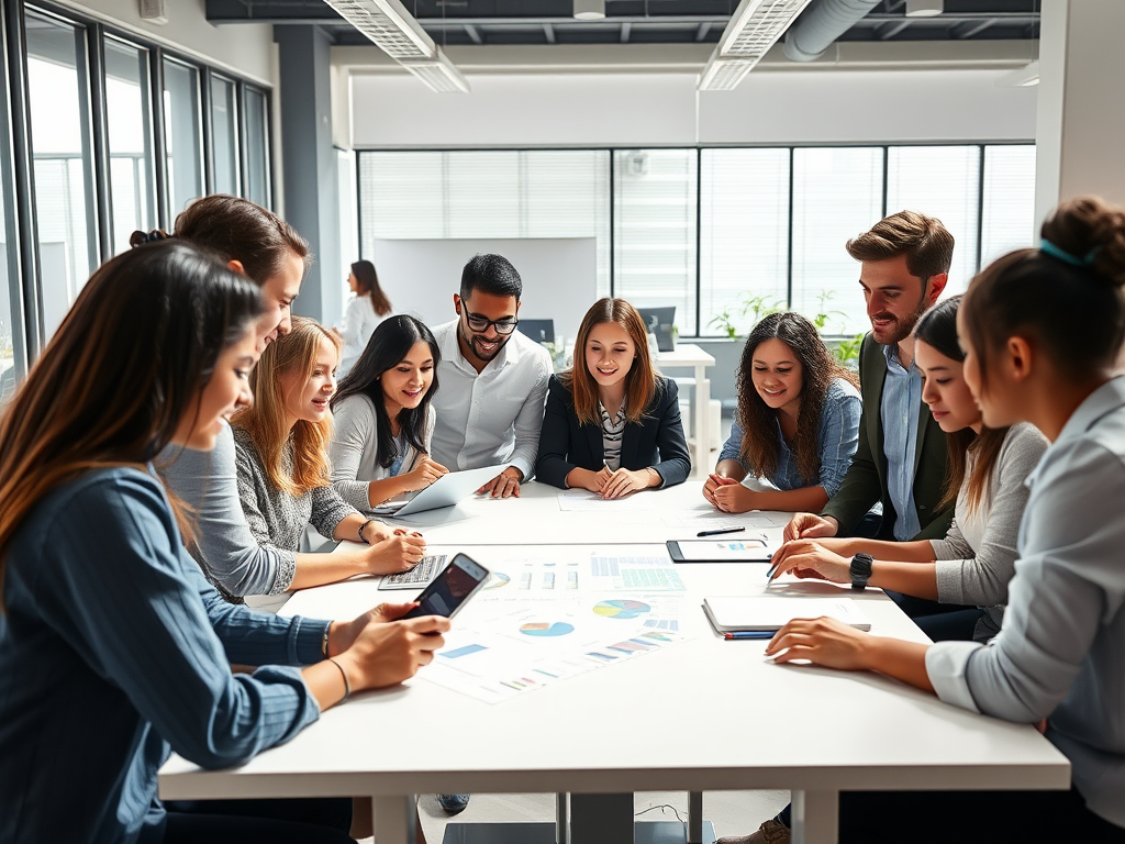 A diverse group of young professionals collaborating around a bright, modern office table, "digital devices and charts" visible, "natural light" flooding the space, "casual attire," vibrant energy.