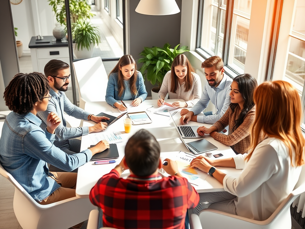 A diverse group of young professionals collaborating around a bright, modern office table, "digital devices and charts" visible, "natural light" flooding the space, "casual attire," vibrant energy.