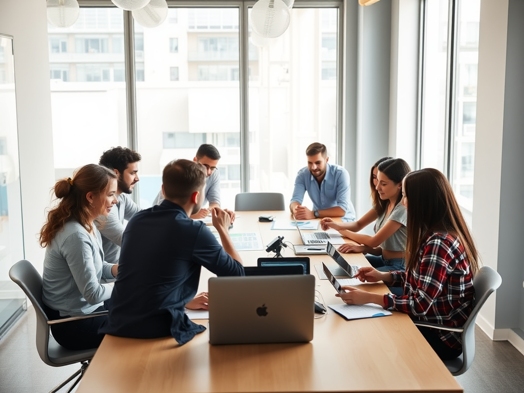 A diverse group of young professionals collaborating around a bright, modern office table, "digital devices and charts" visible, "natural light" flooding the space, "casual attire," vibrant energy.