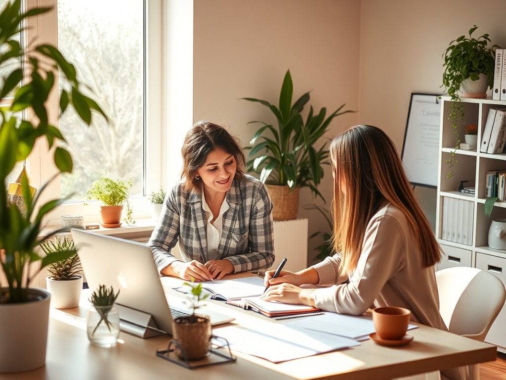 "A serene, luminous workspace scene