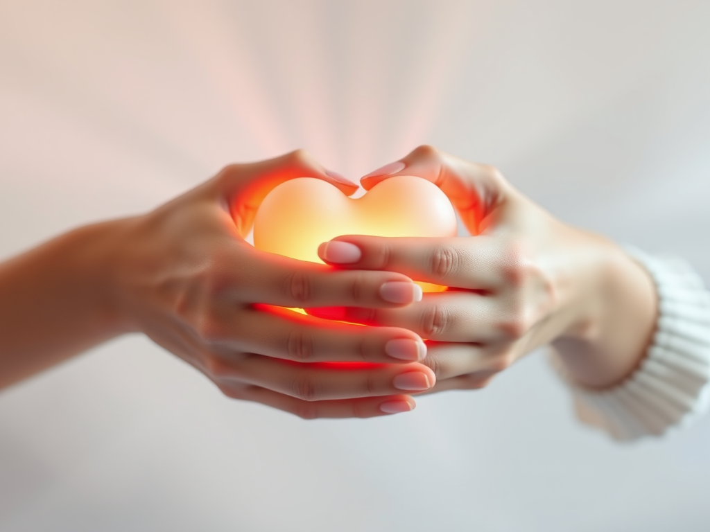 "soft glowing heart" "intertwined hands" "gentle pastel colors" "subtle light rays" "calm serene background" "delicate floral accents" balanced composition.