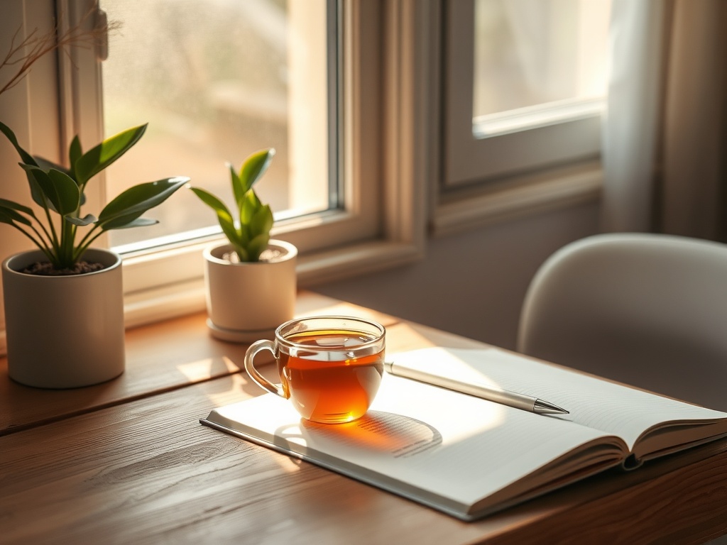 "Warm cozy workspace" "sunlight through window" "cup of tea on wooden desk" "open notebook with pen" "green potted plant" "soft neutral tones"
