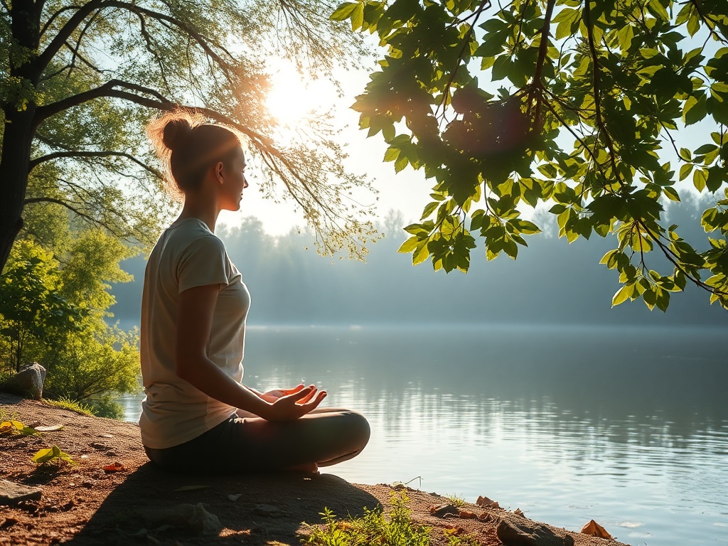 A serene, calming scene with "a peaceful person meditating outdoors," "soft sunlight filtering through trees," "gentle breeze moving leaves," "calm water reflecting sky," "natural, soothing colors."