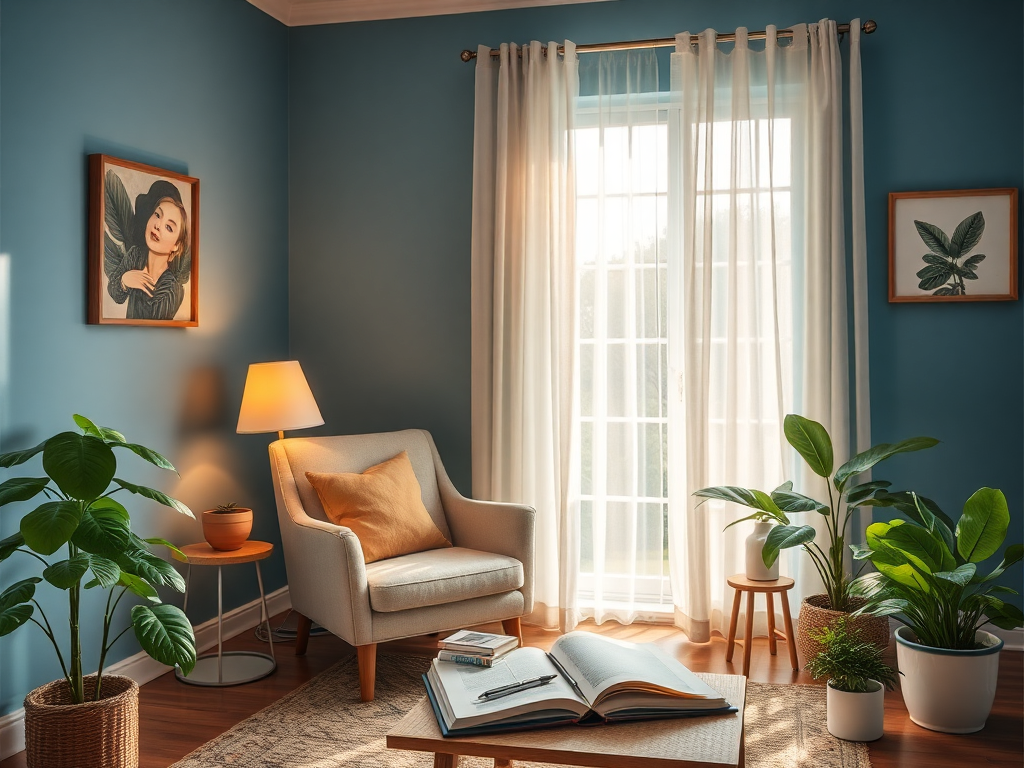 A serene, sunlit room with "calm blue walls," "a cozy armchair," "soft glowing lamp," "open journal with pen," "peaceful houseplants," and "gentle morning light filtering through sheer curtains."