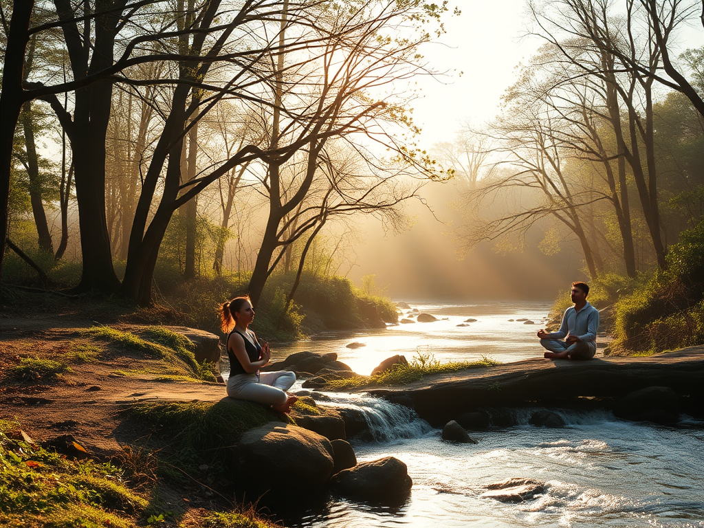 A calm, serene setting with "relaxed people meditating in nature," "soft sunlight filtering through trees," "gentle flowing river," "peaceful expressions," "subtle warm color palette."