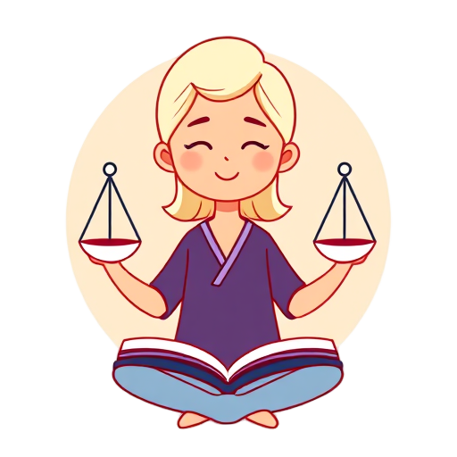 "peaceful person" "balanced scales" "calm nature" "soft light" "gentle colors" "open book" "supportive hands" "flowing path" "warm smile"