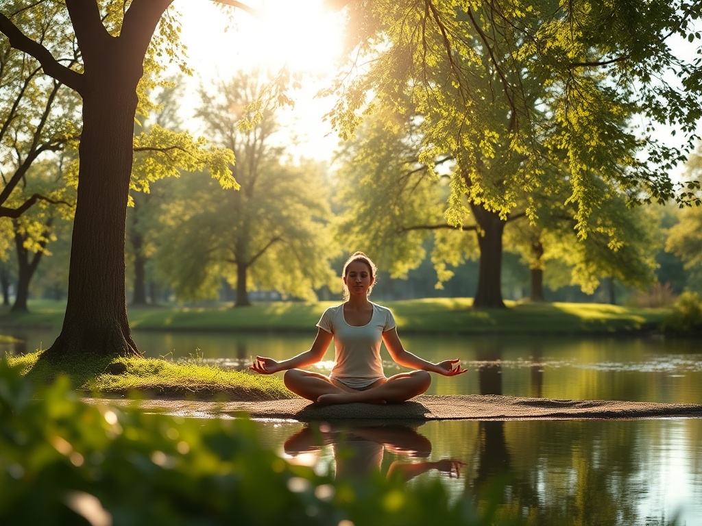 A serene, calming scene with "a peaceful person meditating outdoors," "soft sunlight filtering through trees," "gentle breeze moving leaves," "calm water reflecting sky," "natural, soothing colors."
