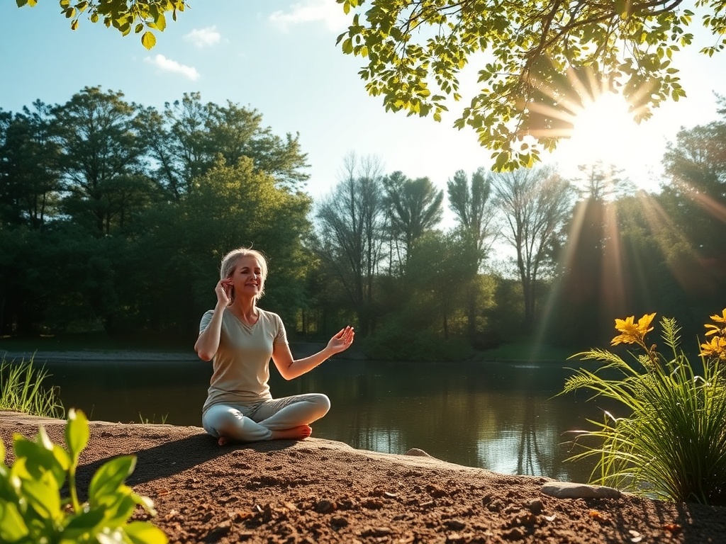 A serene, calming scene with "a peaceful person meditating outdoors," "soft sunlight filtering through trees," "gentle breeze moving leaves," "calm water reflecting sky," "natural, soothing colors."