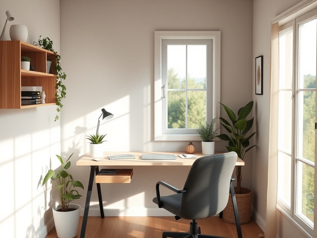 A serene workspace with "a calm desk," "soft natural light," "a cozy chair," "plants," and "a peaceful window view," symbolizing mental clarity and well-being.