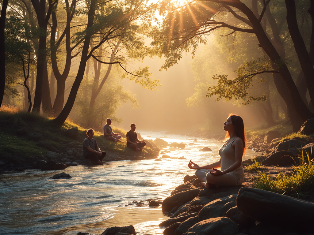 A calm, serene setting with "relaxed people meditating in nature," "soft sunlight filtering through trees," "gentle flowing river," "peaceful expressions," "subtle warm color palette."