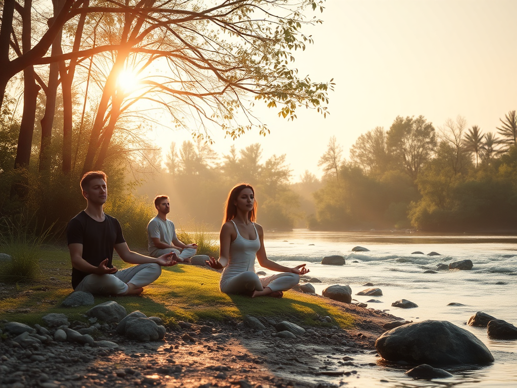 A calm, serene setting with "relaxed people meditating in nature," "soft sunlight filtering through trees," "gentle flowing river," "peaceful expressions," "subtle warm color palette."