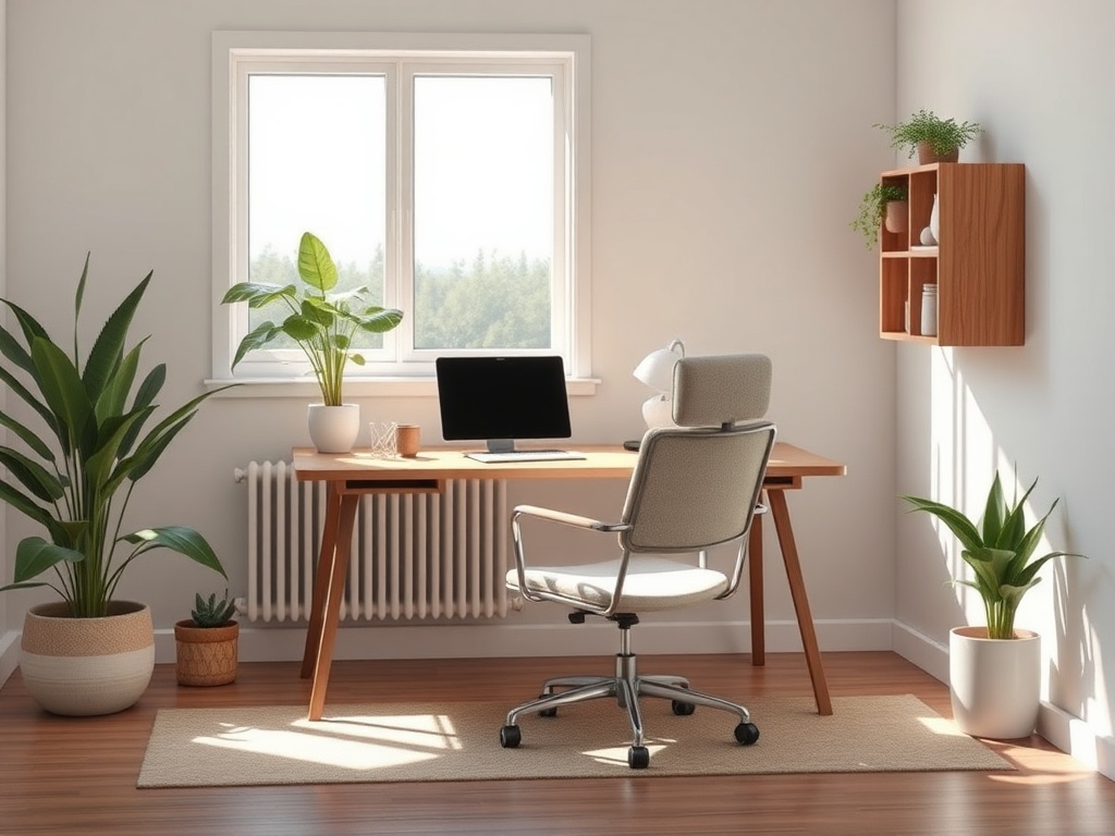 A serene workspace with "a calm desk," "soft natural light," "a cozy chair," "plants," and "a peaceful window view," symbolizing mental clarity and well-being.