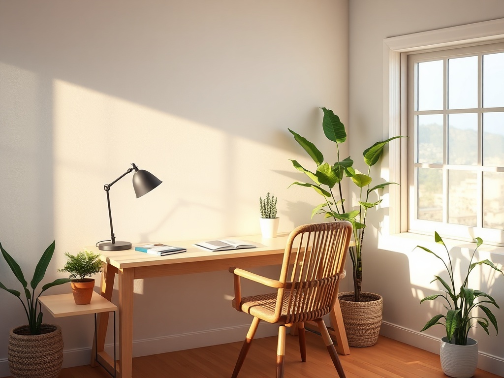 A serene workspace with "a calm desk," "soft natural light," "a cozy chair," "plants," and "a peaceful window view," symbolizing mental clarity and well-being.