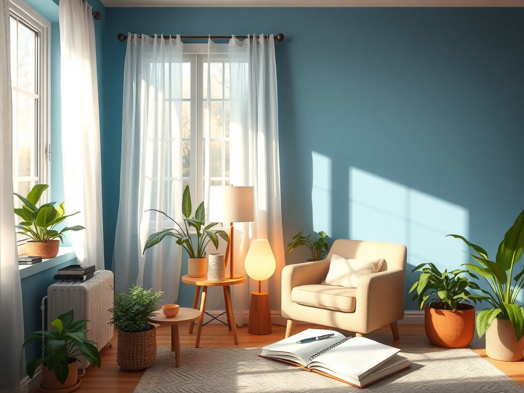 A serene, sunlit room with "calm blue walls," "a cozy armchair," "soft glowing lamp," "open journal with pen," "peaceful houseplants," and "gentle morning light filtering through sheer curtains."