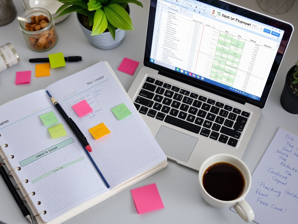 Een rustige werkplek met een planner, laptop en koffie.