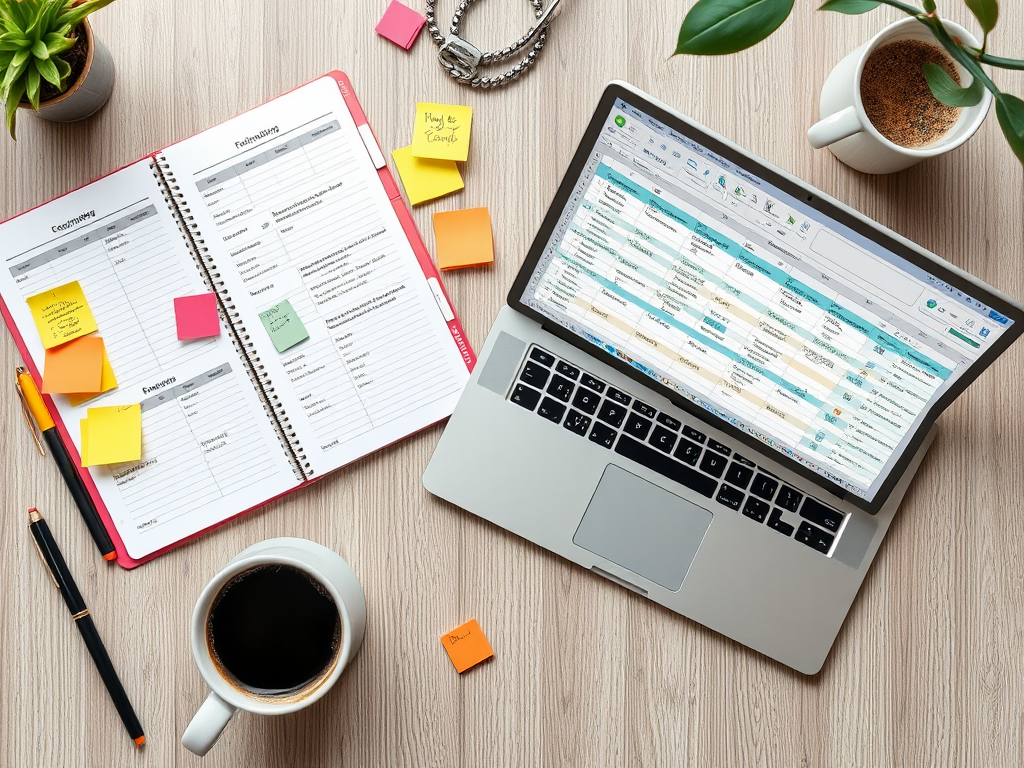 Een rustige werkplek met een planner en laptop.
