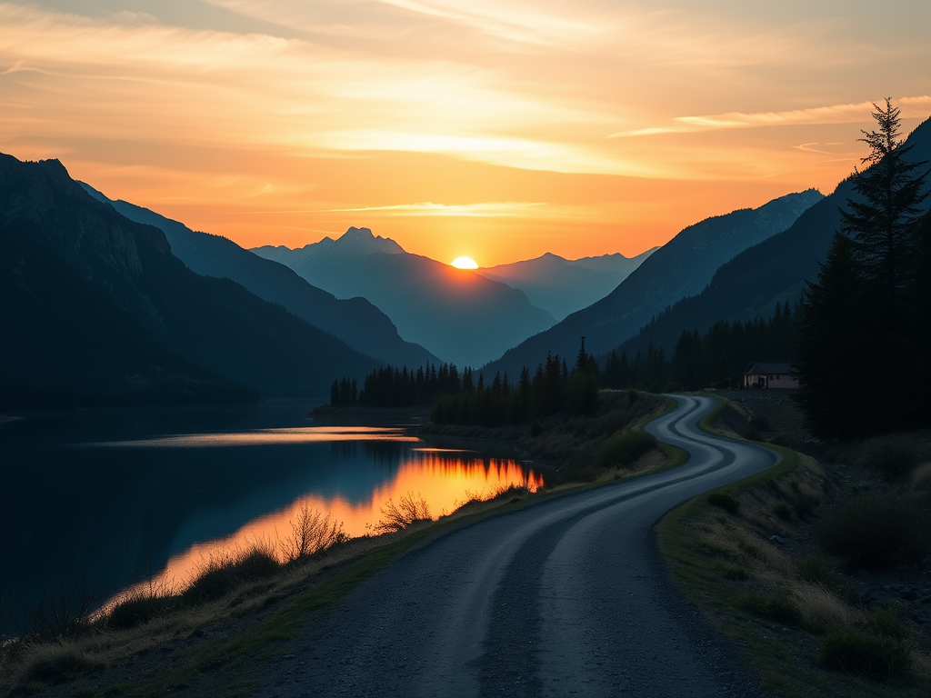 Een serene zonsopgang boven bergen met een reflecterend meer.