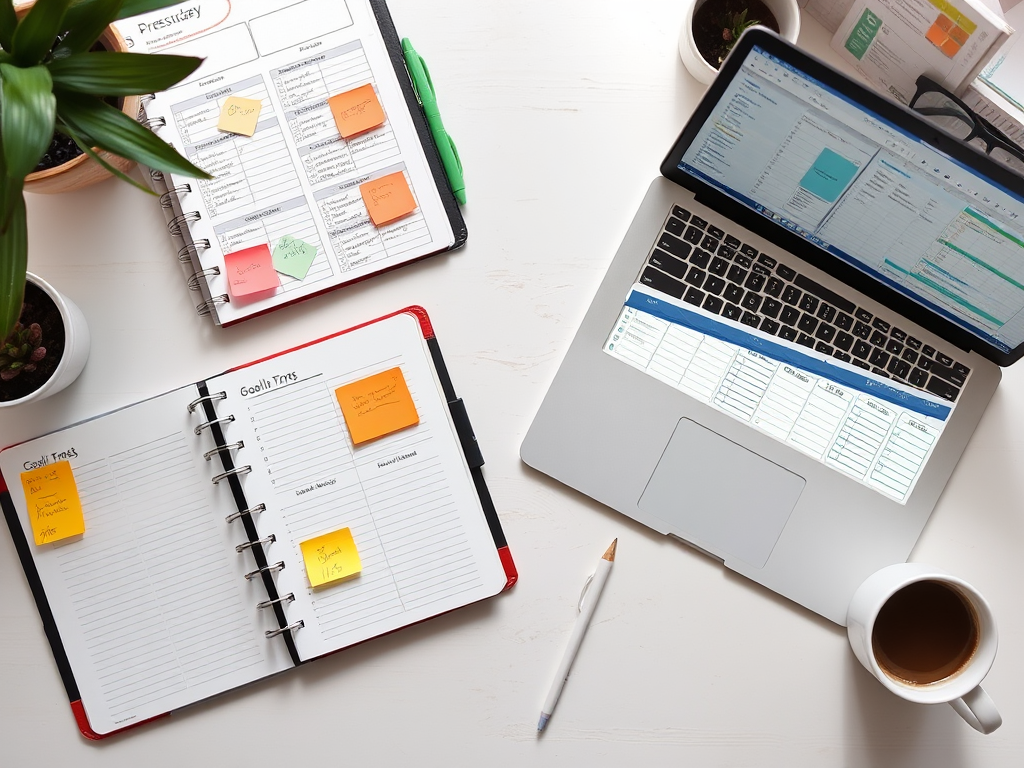 Een rustige werkplek met een planner, laptop en koffie.