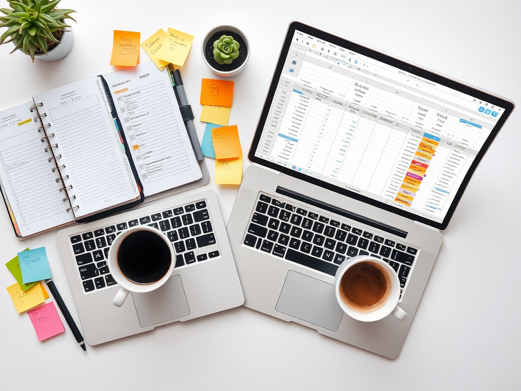 Een rustige werkplek met een planner, sticky notes en laptops.