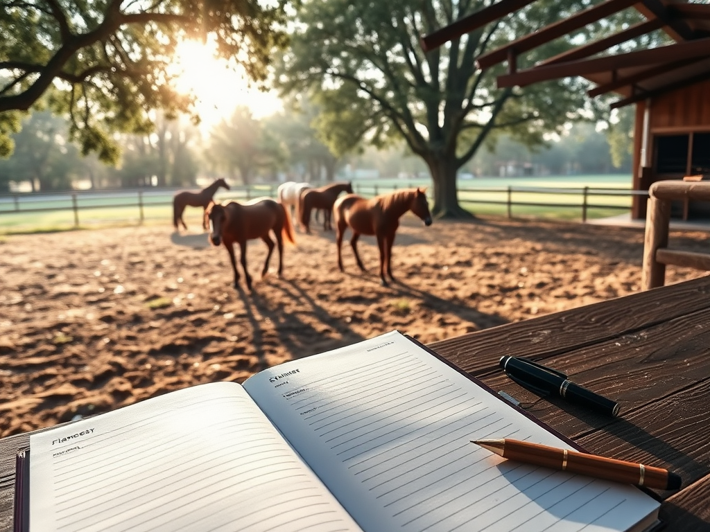Rustige stallen bij zonsopgang met grazende paarden.