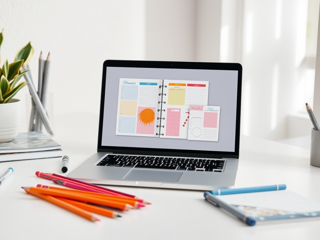 "a sleek digital workspace" "open laptop displaying colorful planner templates" "scattered design tools like pencils, markers" "calm and focused atmosphere" "soft natural lighting"