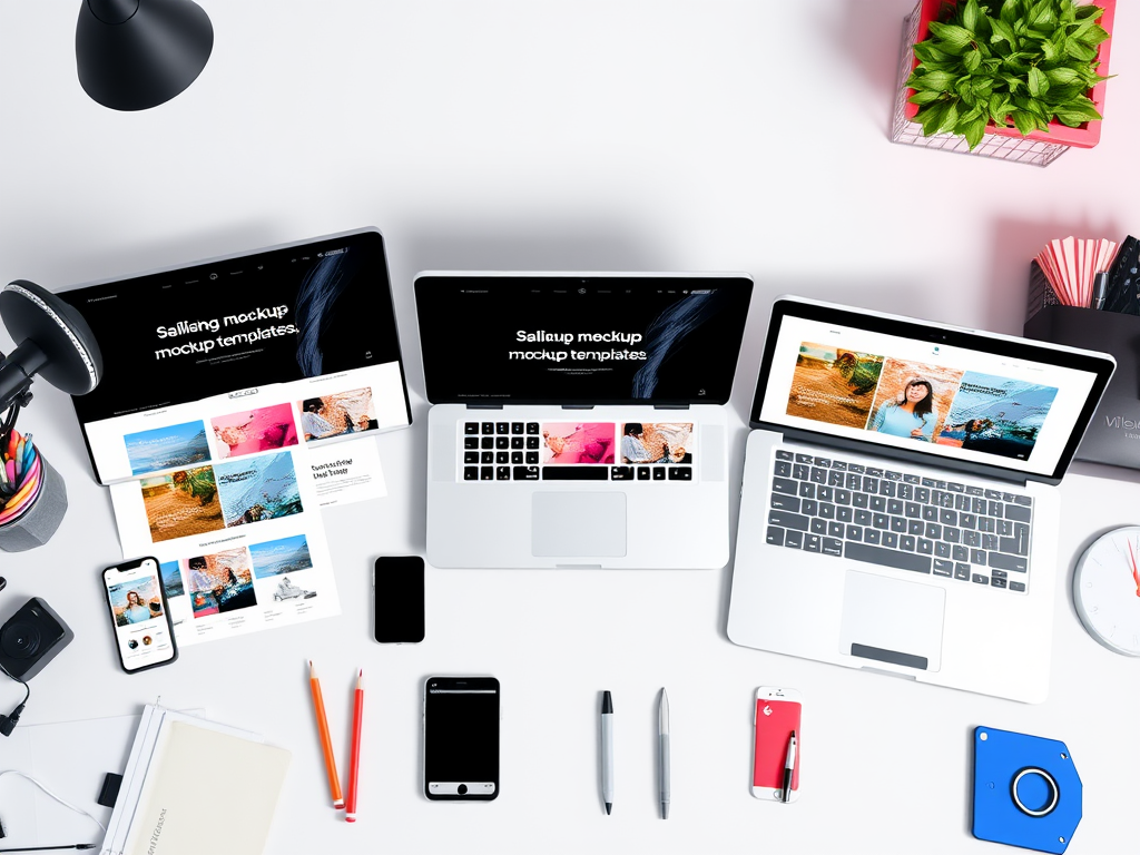A sleek digital workspace featuring "three sets of 14 stylish mockup templates" displayed on "modern devices" like smartphones and laptops, surrounded by "creative tools," with a clean, minimalist background and vibrant colors.