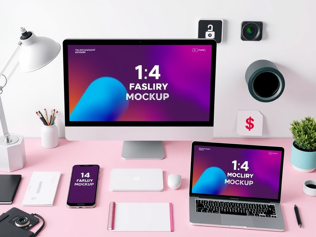 A sleek digital workspace featuring "three sets of 14 stylish mockup templates" displayed on "modern devices" like smartphones and laptops, surrounded by "creative tools," with a clean, minimalist background and vibrant colors.