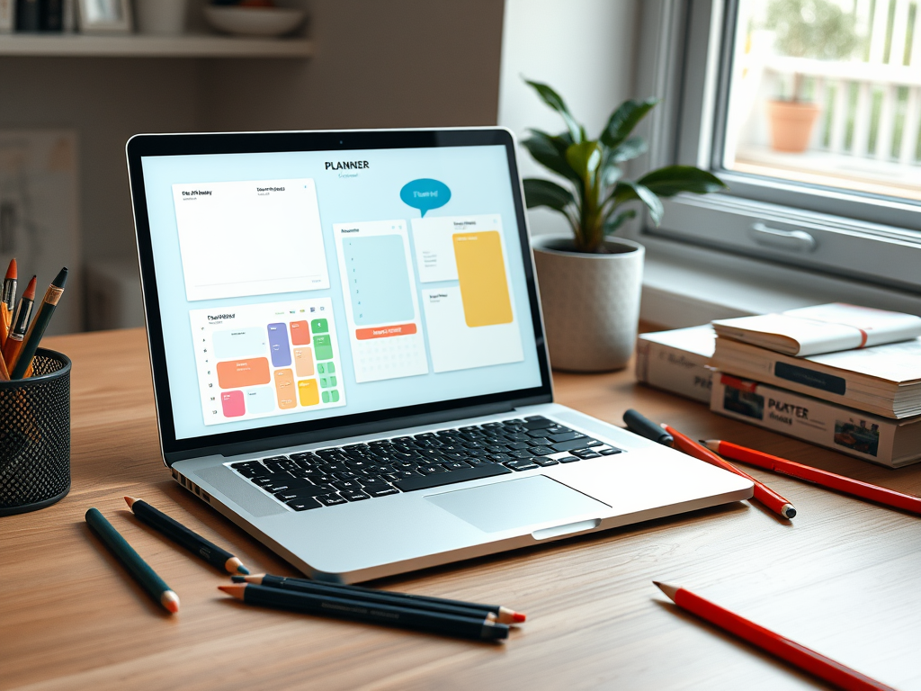 "a sleek digital workspace" "open laptop displaying colorful planner templates" "scattered design tools like pencils, markers" "calm and focused atmosphere" "soft natural lighting"