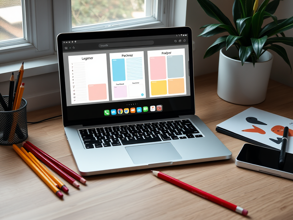"a sleek digital workspace" "open laptop displaying colorful planner templates" "scattered design tools like pencils, markers" "calm and focused atmosphere" "soft natural lighting"