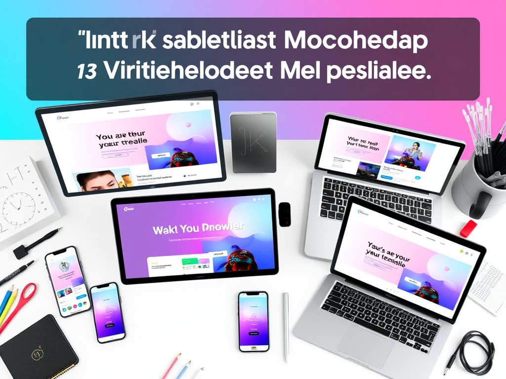 A sleek digital workspace featuring "three sets of 14 stylish mockup templates" displayed on "modern devices" like smartphones and laptops, surrounded by "creative tools," with a clean, minimalist background and vibrant colors.