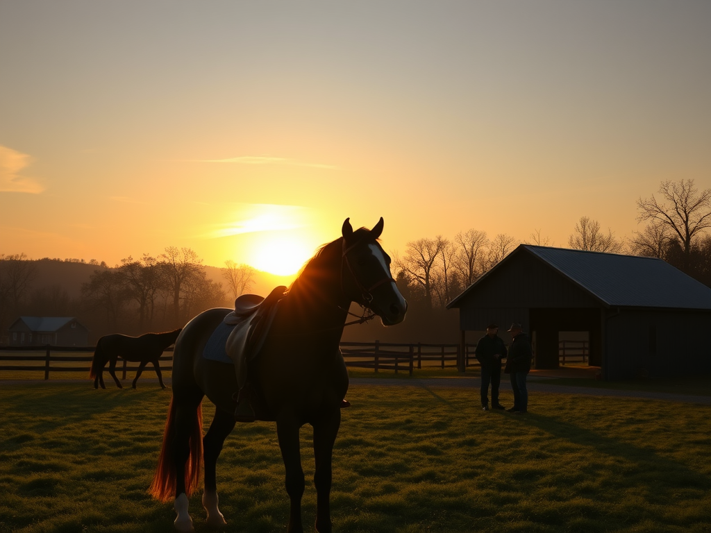 A serene horse farm at sunrise, "peaceful rider" gently grooming a horse, "cozy barn" with warm light, "supportive community" silhouettes in background.