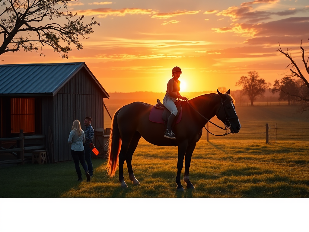 A serene horse farm at sunrise, "peaceful rider" gently grooming a horse, "cozy barn" with warm light, "supportive community" silhouettes in background.