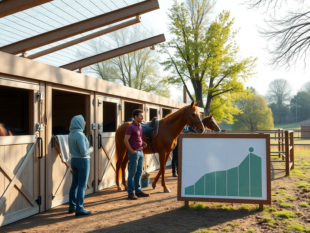 "a serene horse stable" "entrepreneurs collaborating outdoors" "growth charts on natural wooden boards" "peaceful equestrian community sharing ideas" "soft morning light filtering through trees"