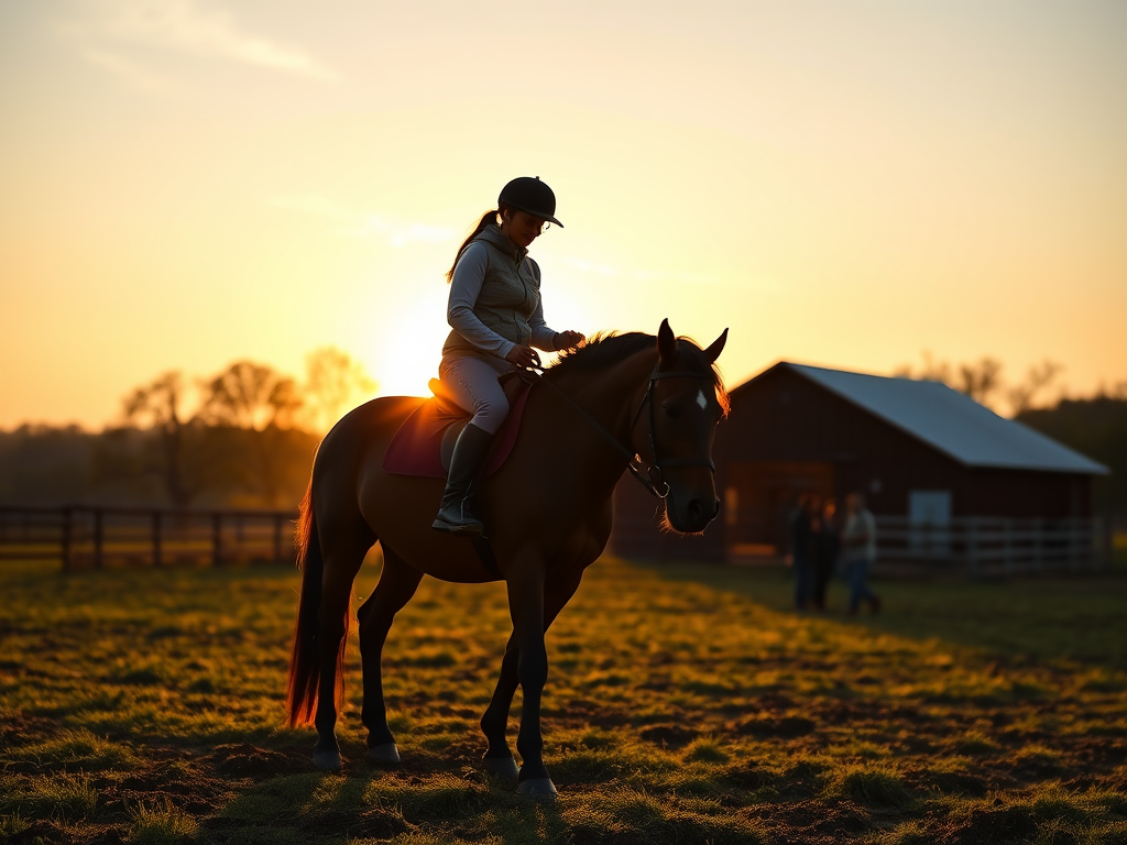 A serene horse farm at sunrise, "peaceful rider" gently grooming a horse, "cozy barn" with warm light, "supportive community" silhouettes in background.