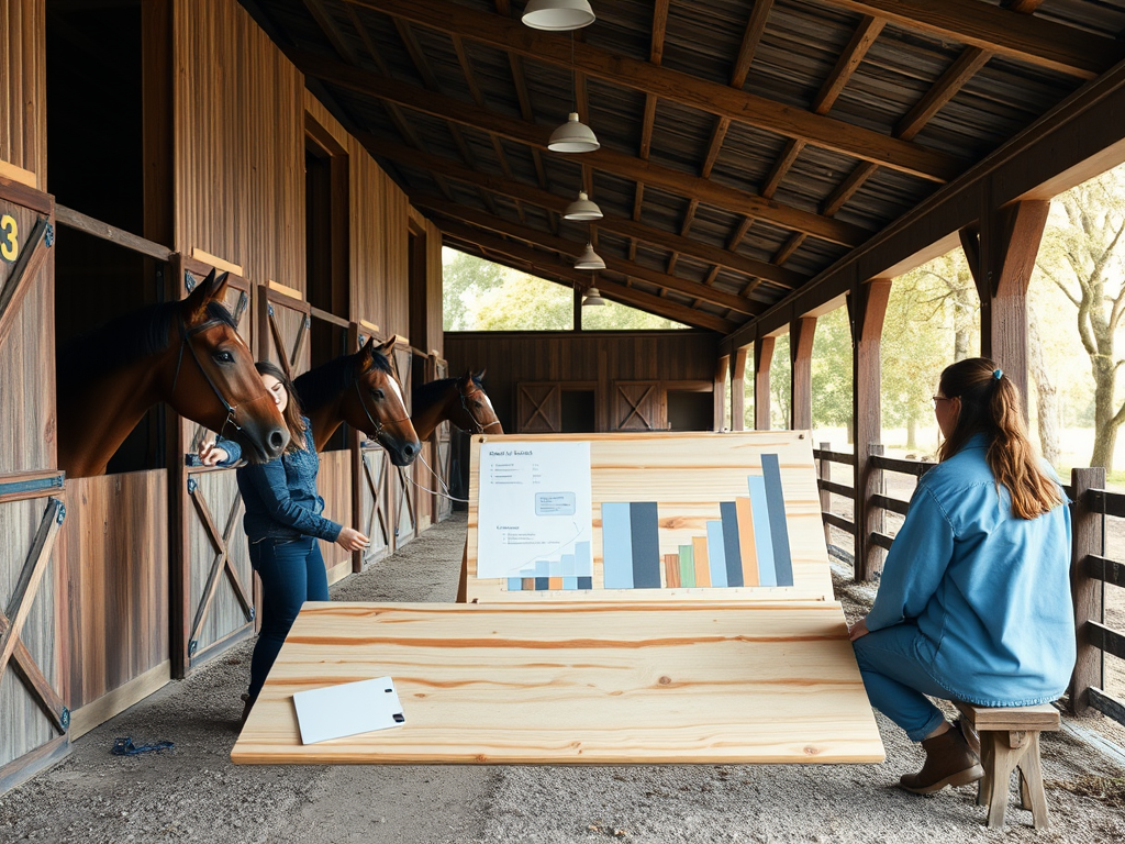 "a serene horse stable" "entrepreneurs collaborating outdoors" "growth charts on natural wooden boards" "peaceful equestrian community sharing ideas" "soft morning light filtering through trees"