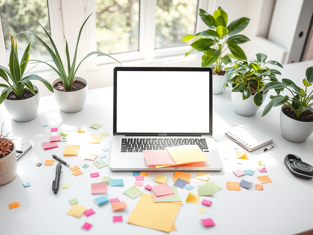 "Bright workspace" with "scattered colorful notes" and "open laptop," surrounded by "calm plants" and "soft natural light," symbolizing creative energy and focus. This image is intended for use as a background, so ensure a balanced composition.You MUST no