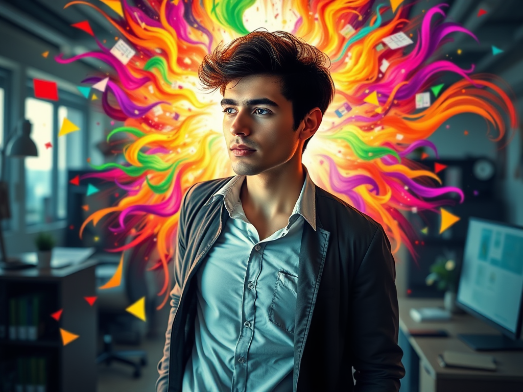 "dynamic young entrepreneur" "surrounded by colorful swirling chaos transforming into glowing structured light" "focused expression" "vibrant office space" "energy and determination"