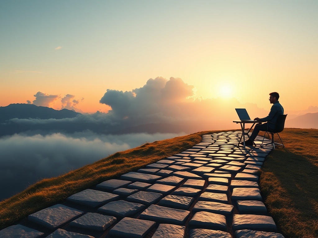 A calm storm cloud breaking into clear sky, a winding path with checkmark-like stones, welcoming entrepreneur silhouette at a laptop desk, warm sunrise light, structured flow arrows, modern minimal style, no logos.