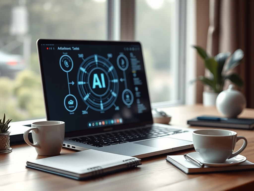 A modern workspace "laptop displaying AI interface" "coffee cup" "notebook with pen" "soft natural light" "calm professional atmosphere" "subtle tech elements in background".